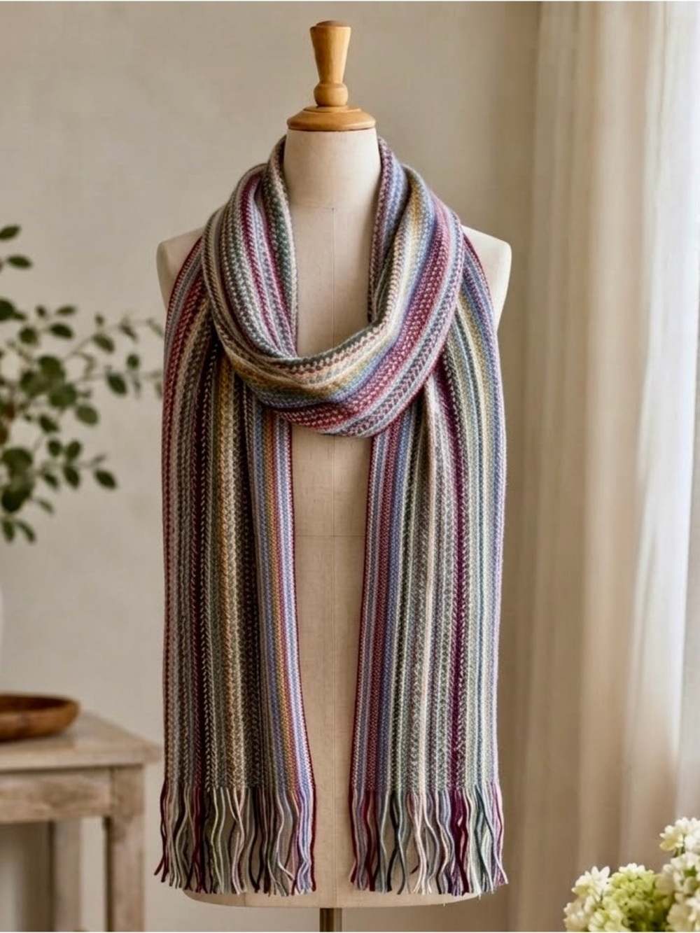 VTG William Brunton Hand Knits Scottish Lambswool Multi Stripe Fringe Scarf